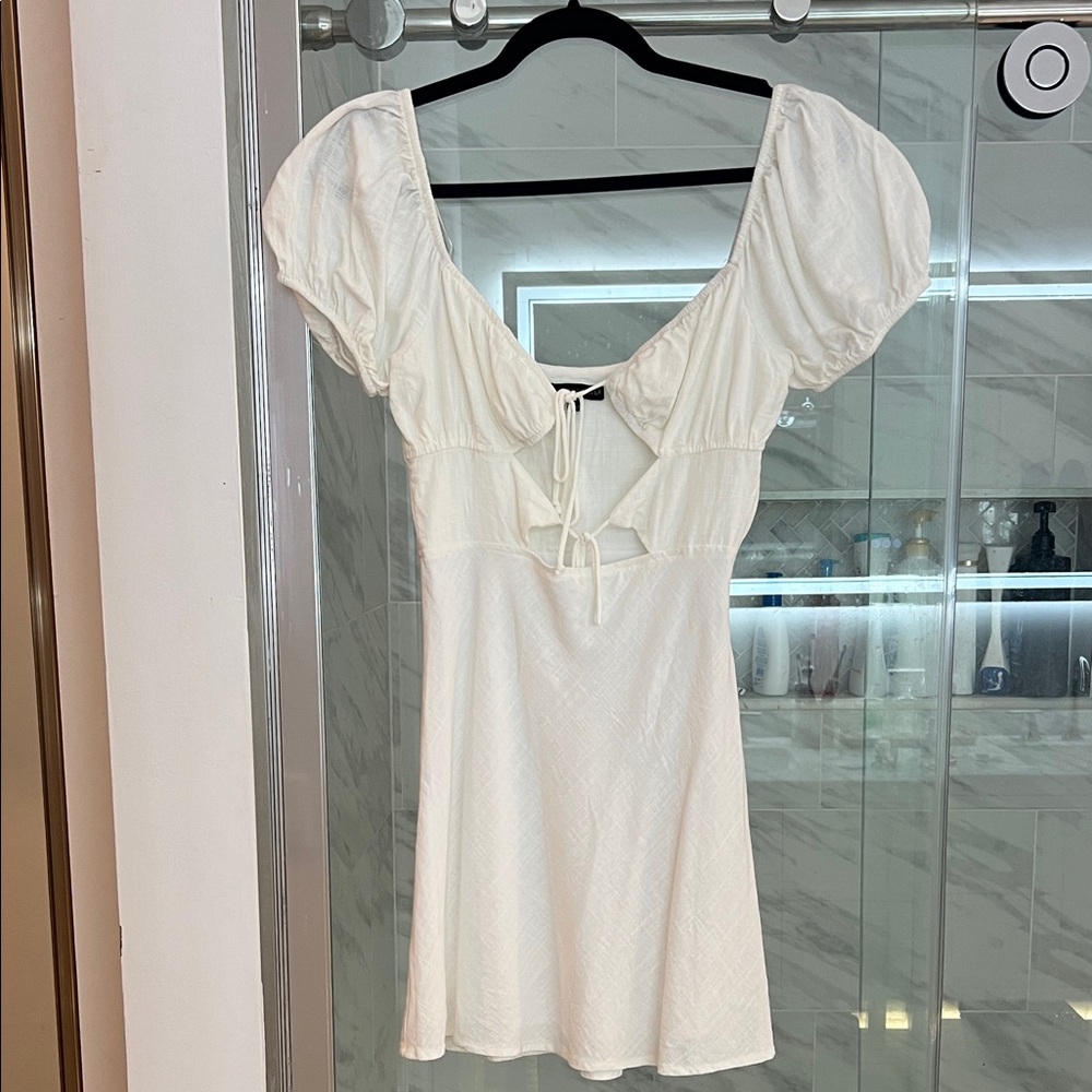 Cotton Candy White Puff-Sleeve Tie-Front Mini Dress